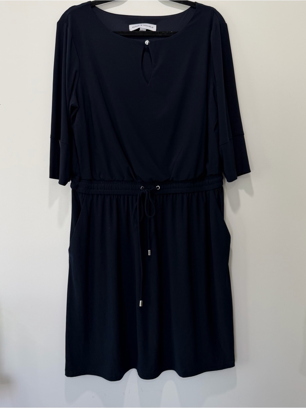 Emma & Michele Black Midi Dress with Drawstring Waist L Navy Blue